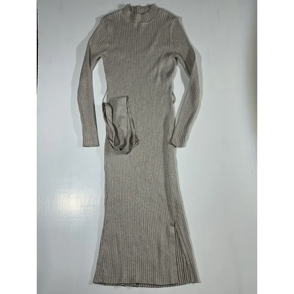 Ribbed Knit Maxi Dress: Long Sleeve Crew Neck Bodycon Party Dress - Picture 2 of 8